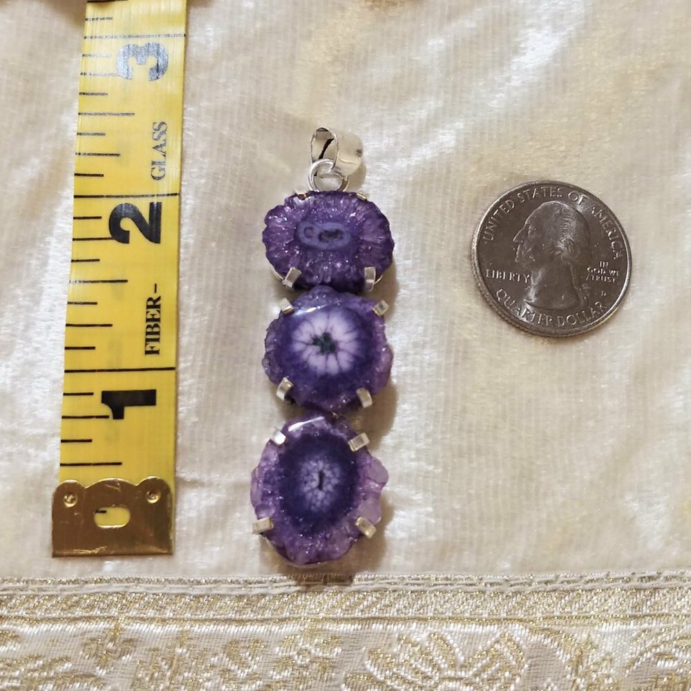 NWOT Dramatic Purple Solar Quartz Slice Stack Pendant 925 Sterling Overlay - Picture 10 of 10